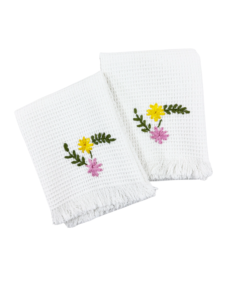 Embroidered Hand Towel - Set of 2 pcs in Soft Cotton Waffle | White
