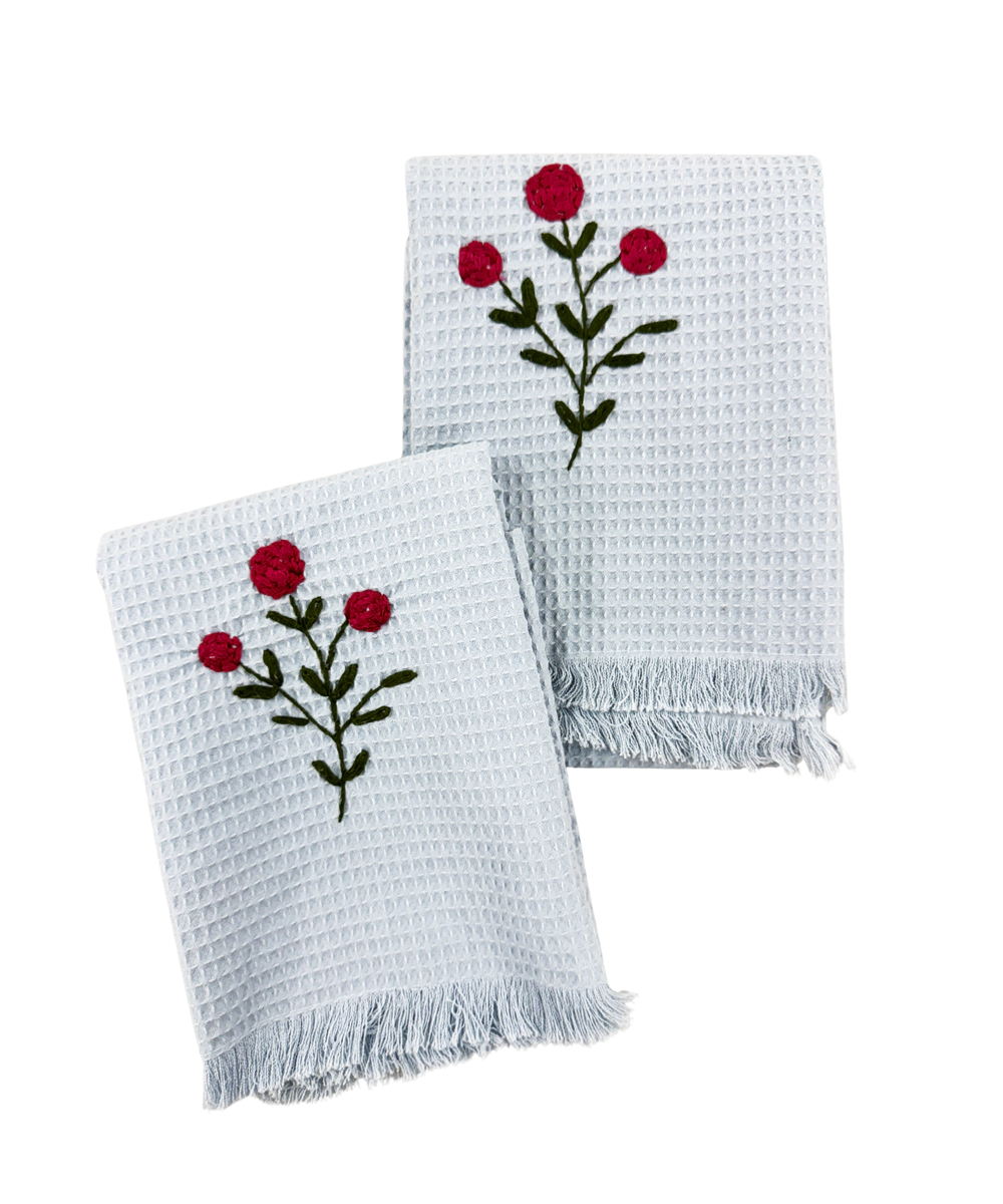 Embroidered Hand Towel - Set of 2 pcs in Soft Cotton Waffle | White