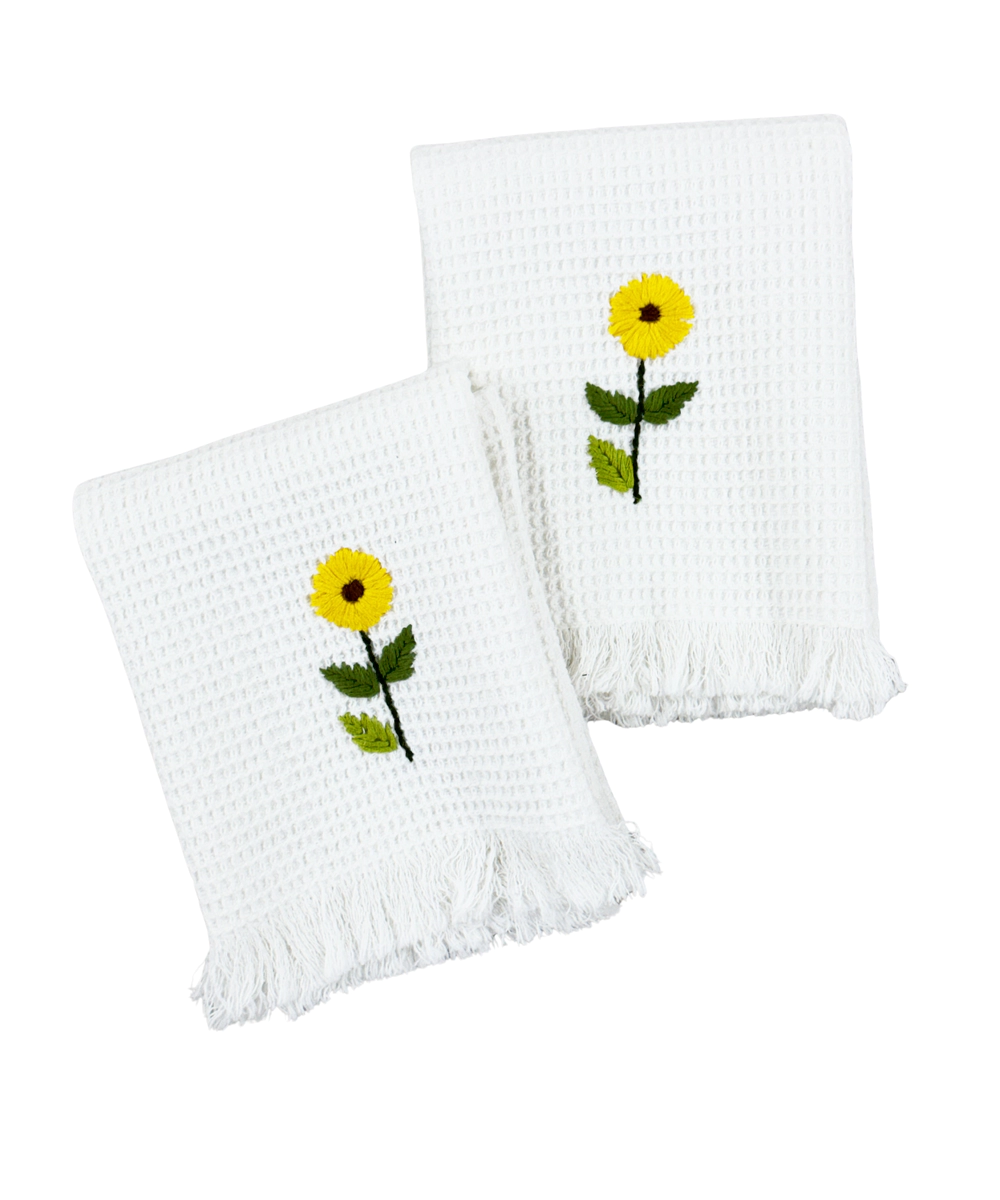 Embroidered Hand Towel - Set of 2 pcs in Soft Cotton Waffle | White