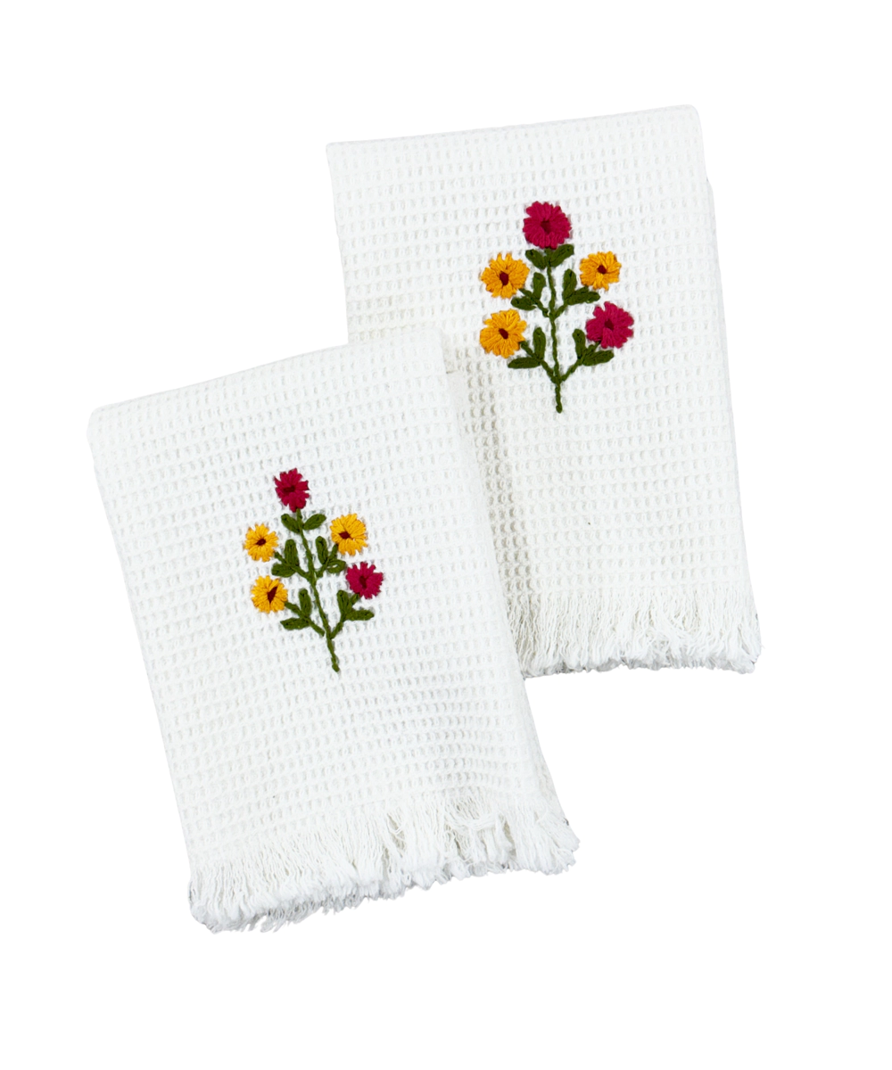 Embroidered Hand Towel - Set of 2 pcs in Soft Cotton Waffle | White