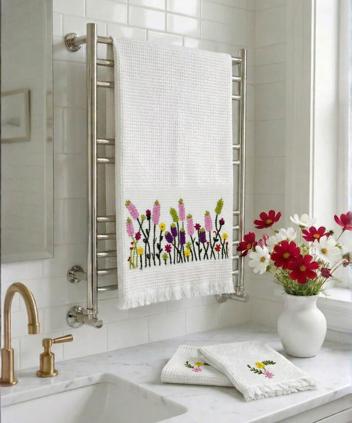 Embroidered 1 Pc Bath and 2 Pcs Hand Towel Set | Cotton Waffle Fabric | White