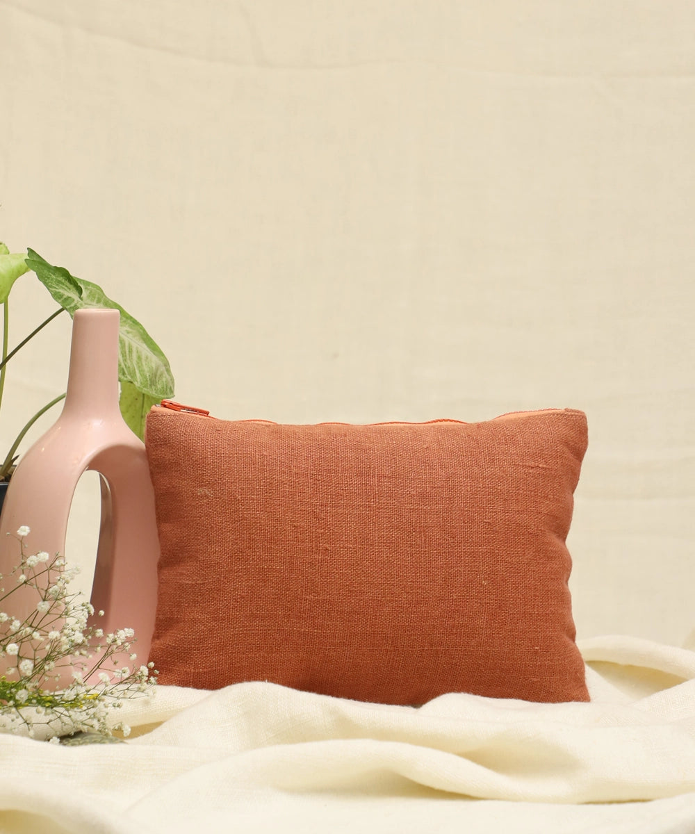 Rustic Brown hand embroidered  Pure Linen Utility Pouch with Lining & Zip