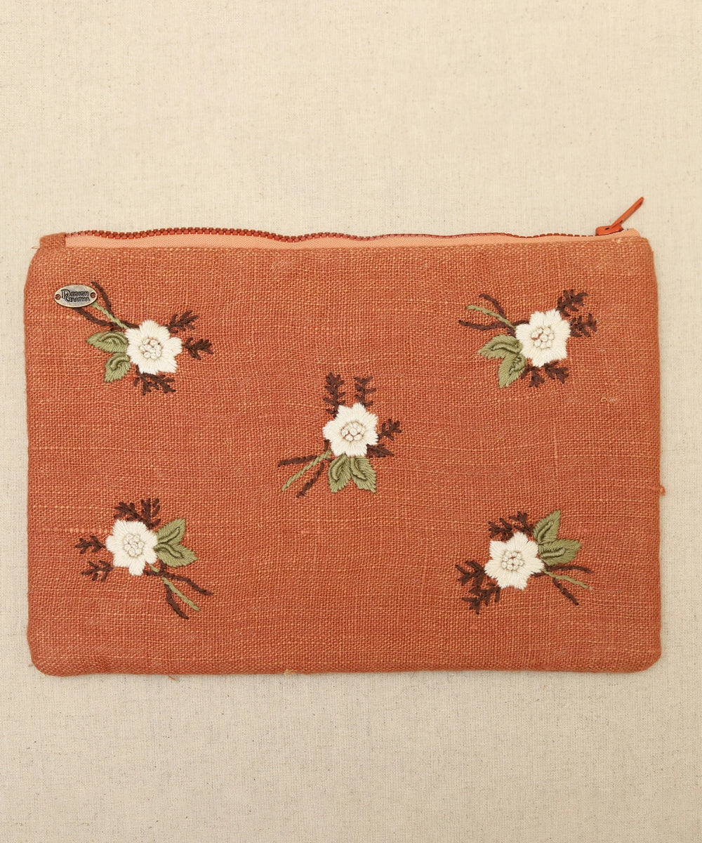 Rustic Brown hand embroidered  Pure Linen Utility Pouch with Lining & Zip