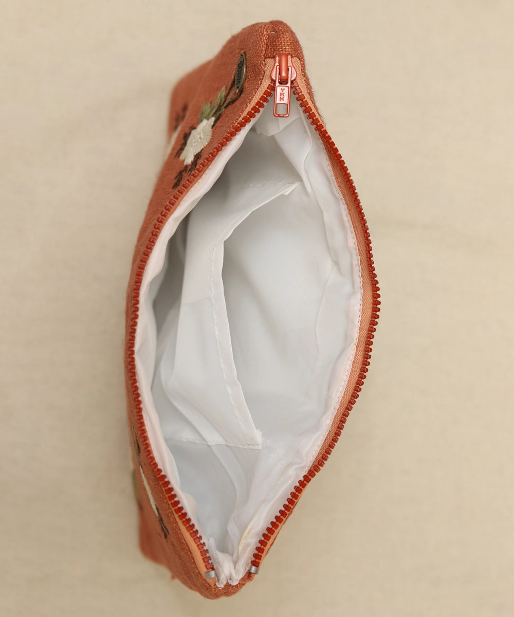 Rustic Brown hand embroidered  Pure Linen Utility Pouch with Lining & Zip