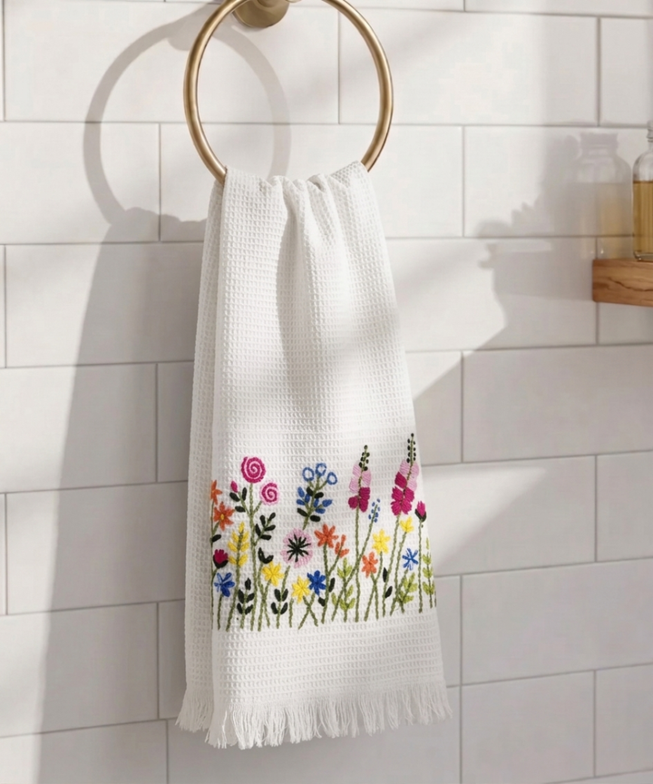 Embroidered Bath Towel | Soft Cotton Waffle | White