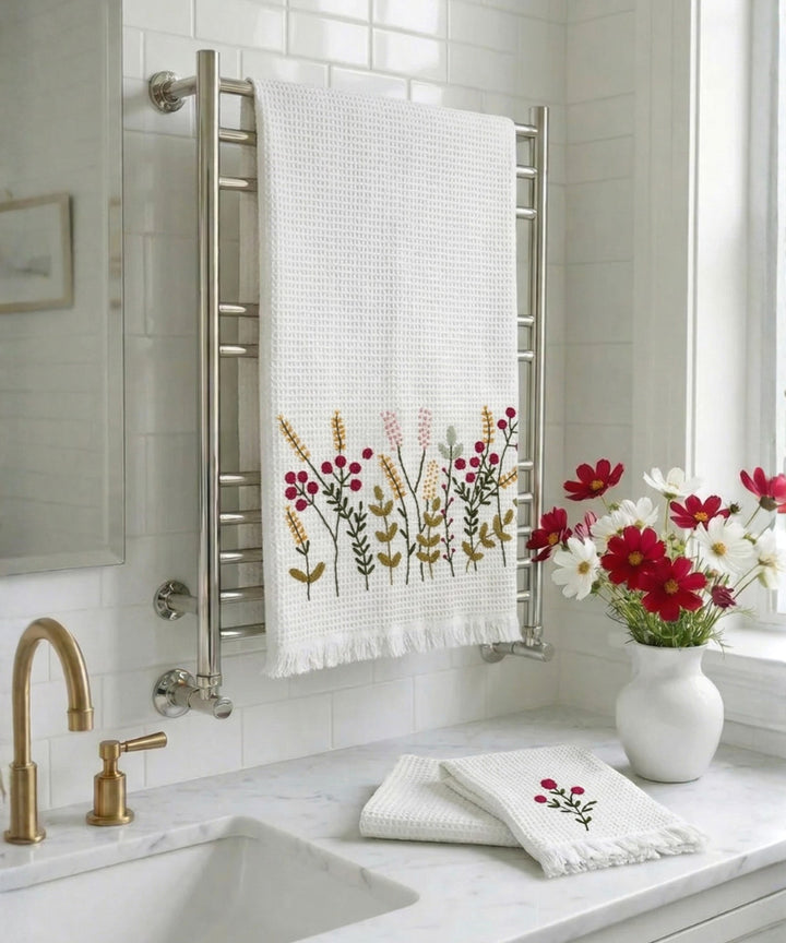Embroidered 1 Pc Bath and 2 Pcs Hand Towel Set | Cotton Waffle Fabric | White