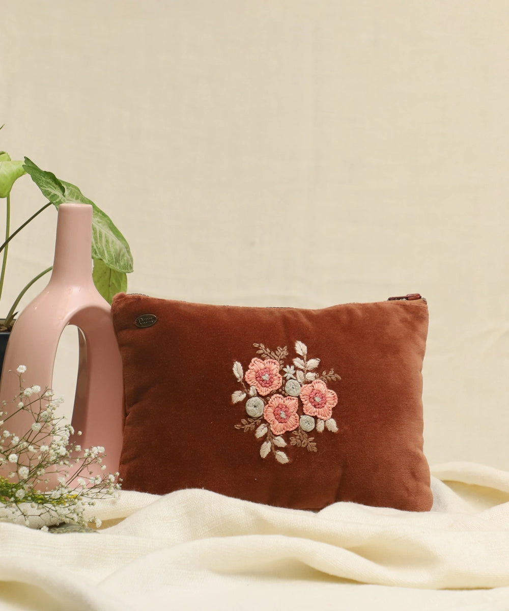 Rustic Brown hand embroidered  Velvet Utility Pouch with Lining & Zip
