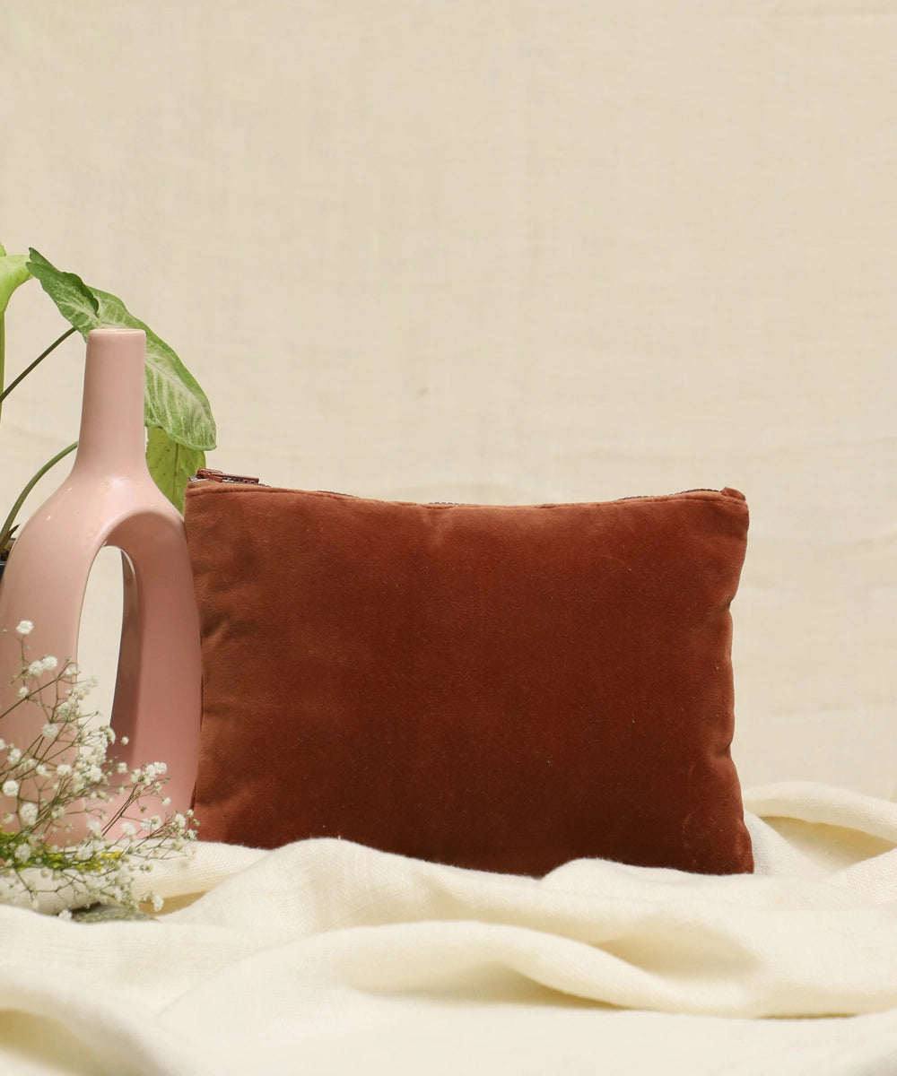 Rustic Brown hand embroidered  Velvet Utility Pouch with Lining & Zip