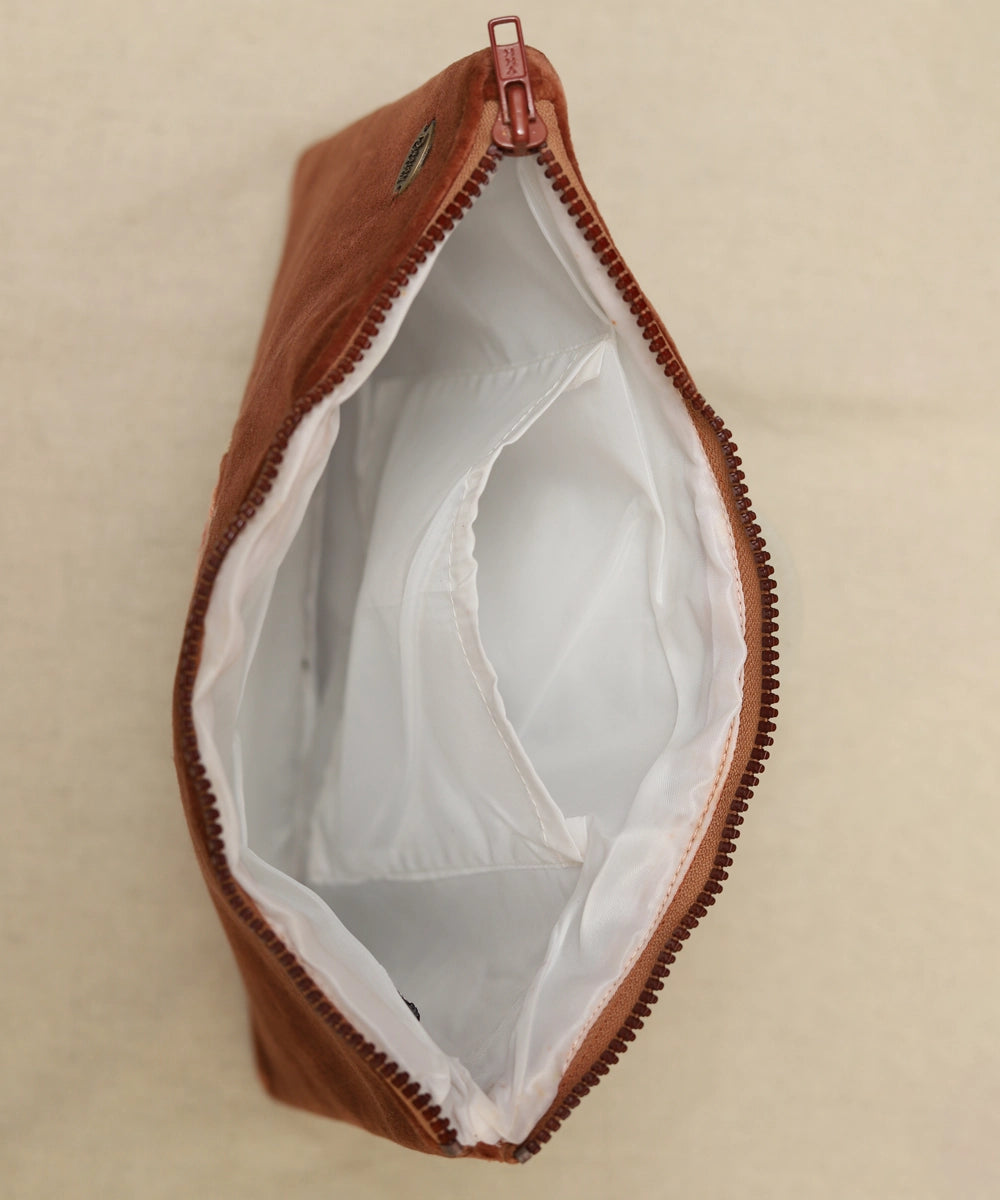 Rustic Brown hand embroidered  Velvet Utility Pouch with Lining & Zip