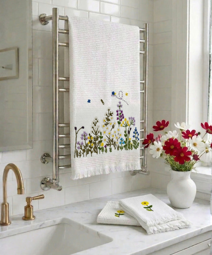 Embroidered 1 Pc Bath and 2 Pcs Hand Towel Set | Cotton Waffle Fabric | White