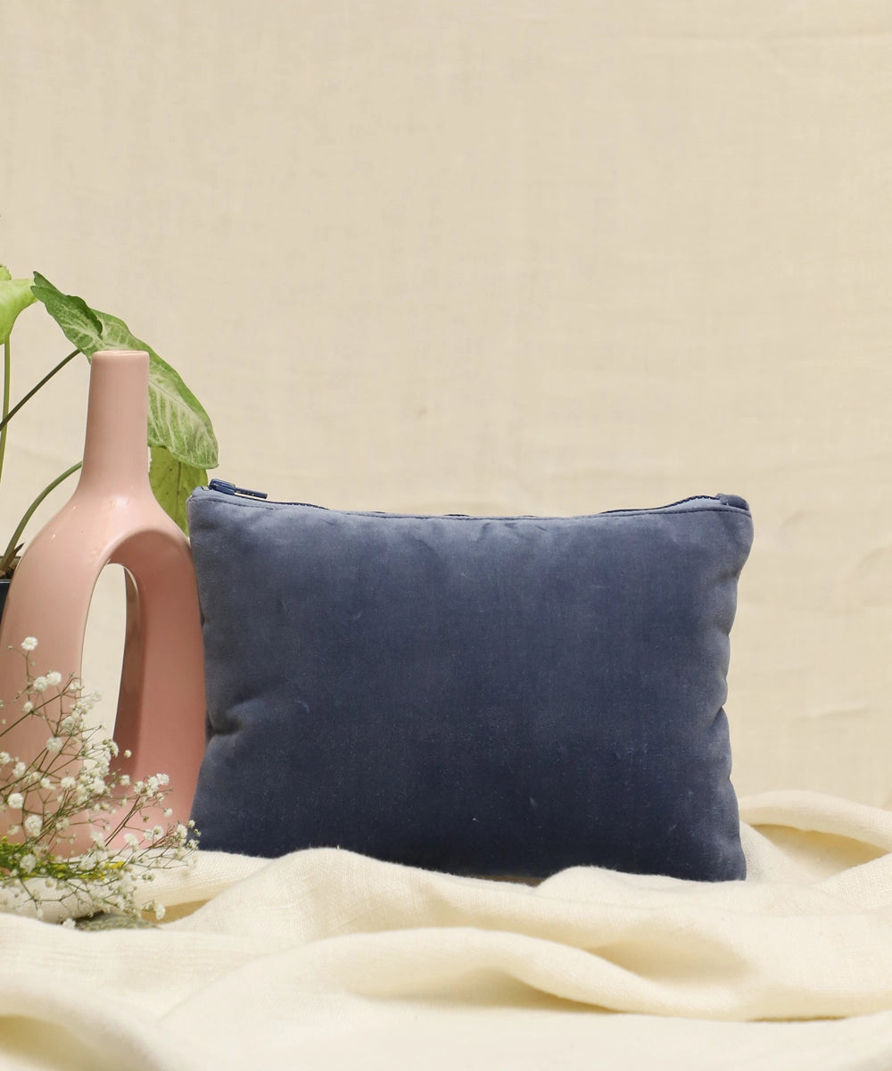 Dark Bluish Grey hand embroidered Velvet Utility Pouch with Lining & Zip