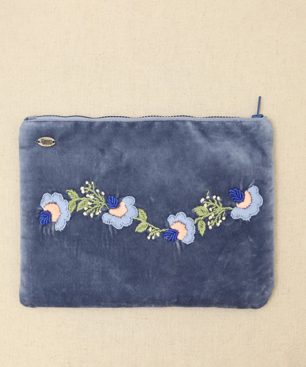 Dark Bluish Grey hand embroidered Velvet Utility Pouch with Lining & Zip