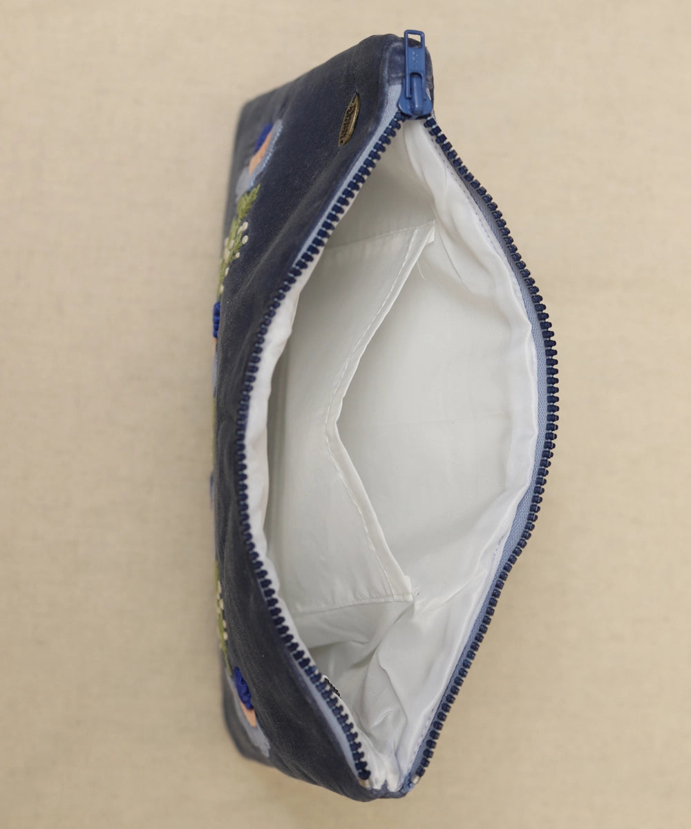Dark Bluish Grey hand embroidered Velvet Utility Pouch with Lining & Zip