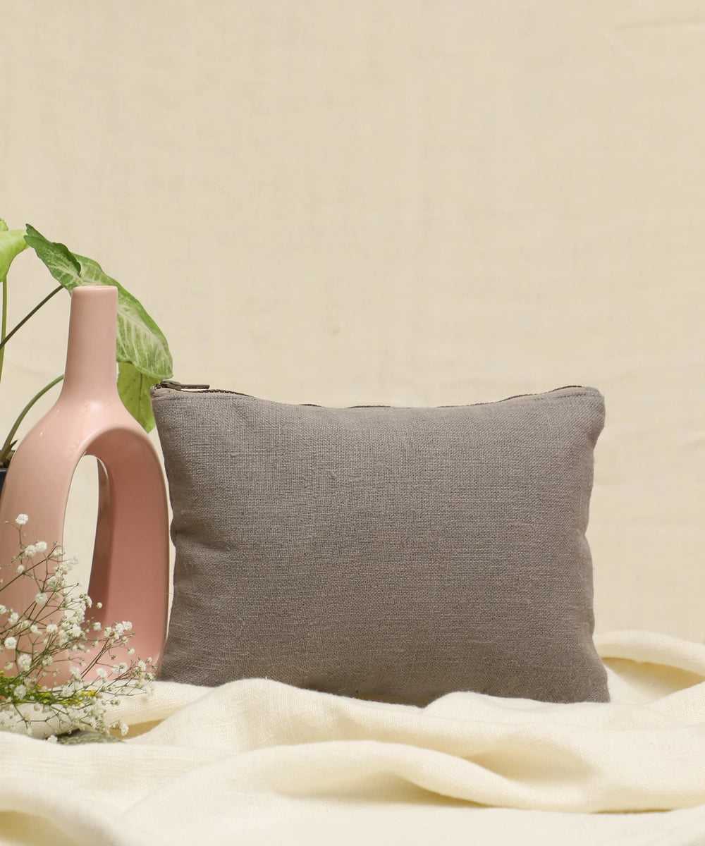 Grey hand embroidered  Pure Linen Utility Pouch with Lining & Zip