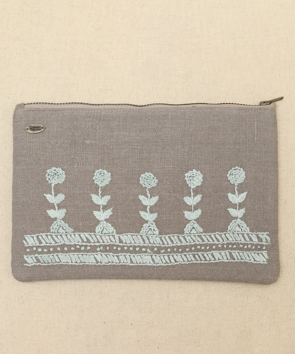 Grey hand embroidered  Pure Linen Utility Pouch with Lining & Zip