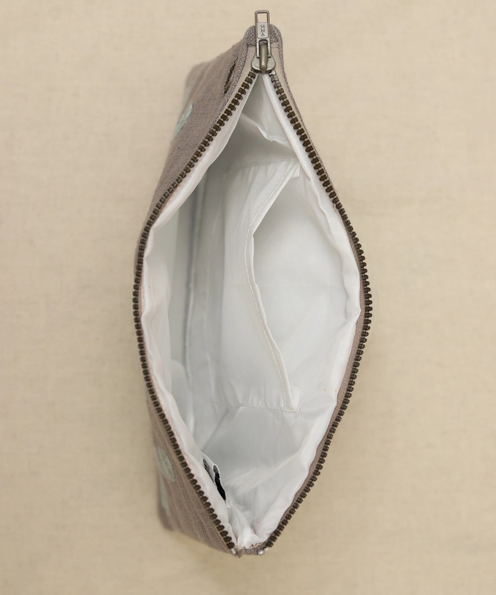 Grey hand embroidered  Pure Linen Utility Pouch with Lining & Zip