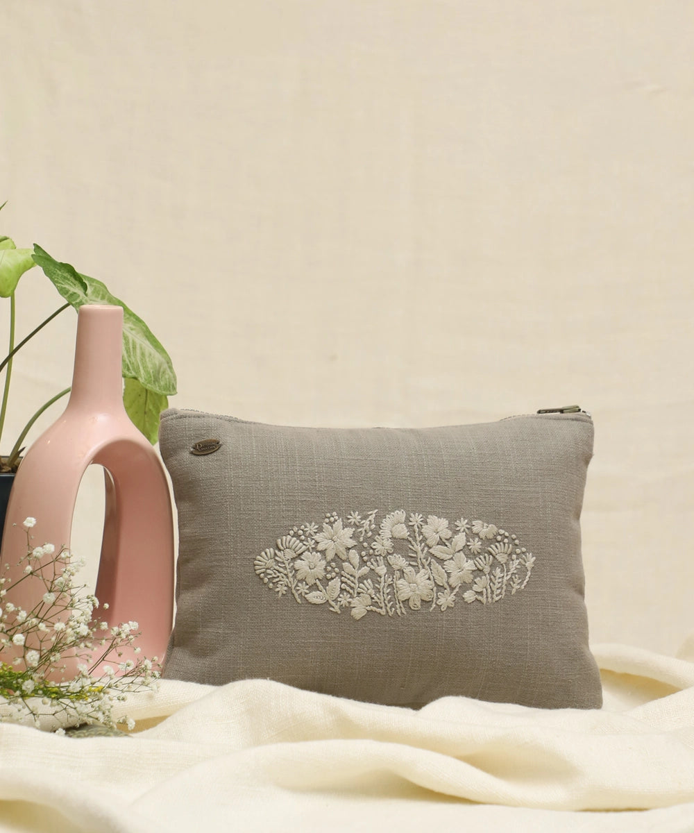 Greenish Grey with self thread color hand embroidered  Pure Cotton Slub Utility Pouch with Lining & Zip