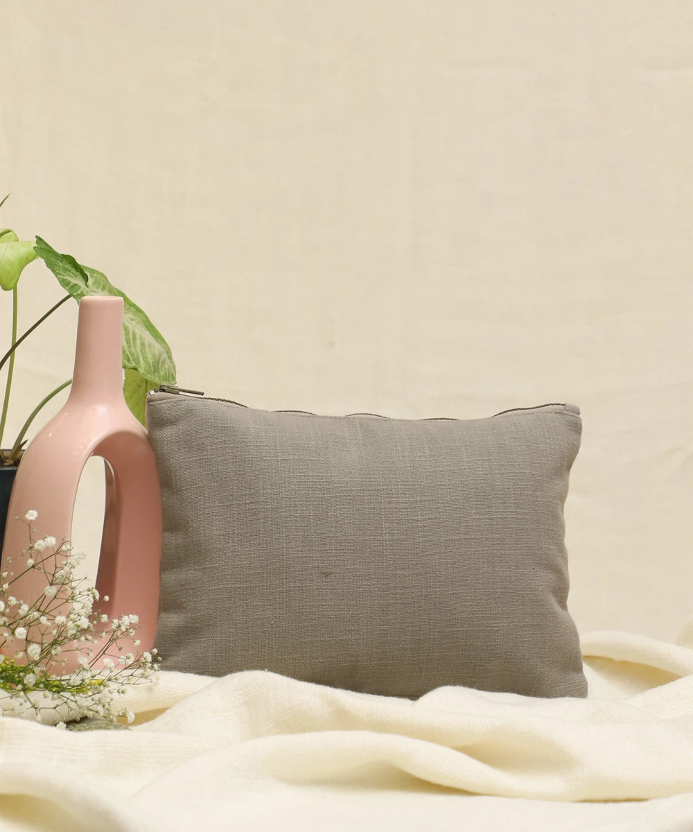 Greenish Grey with self thread color hand embroidered  Pure Cotton Slub Utility Pouch with Lining & Zip