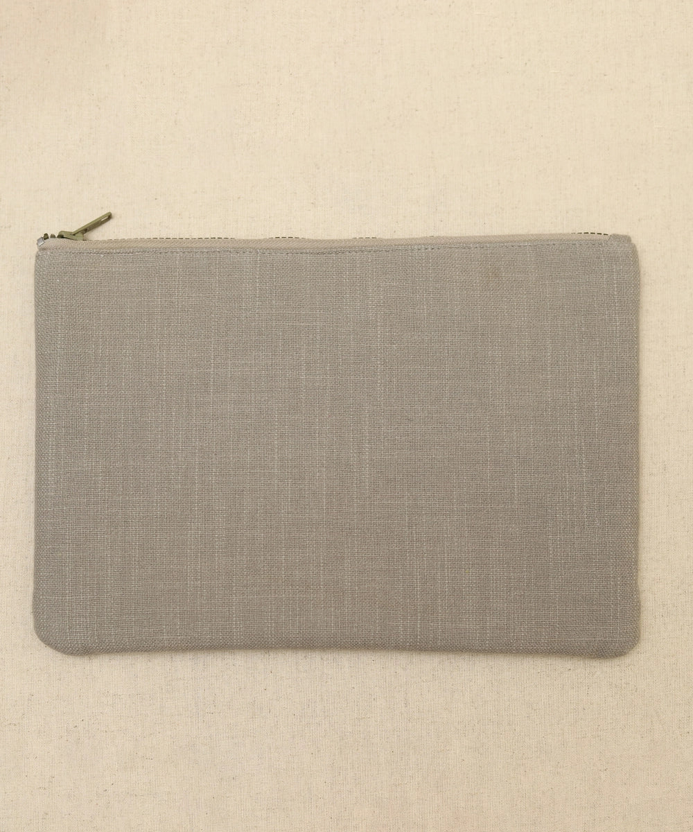 Greenish Grey with self thread color hand embroidered  Pure Cotton Slub Utility Pouch with Lining & Zip