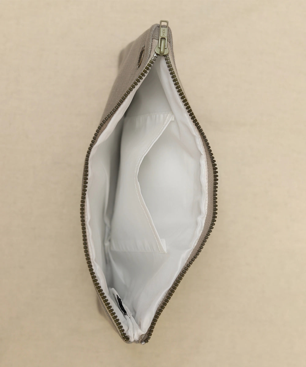 Greenish Grey with self thread color hand embroidered  Pure Cotton Slub Utility Pouch with Lining & Zip