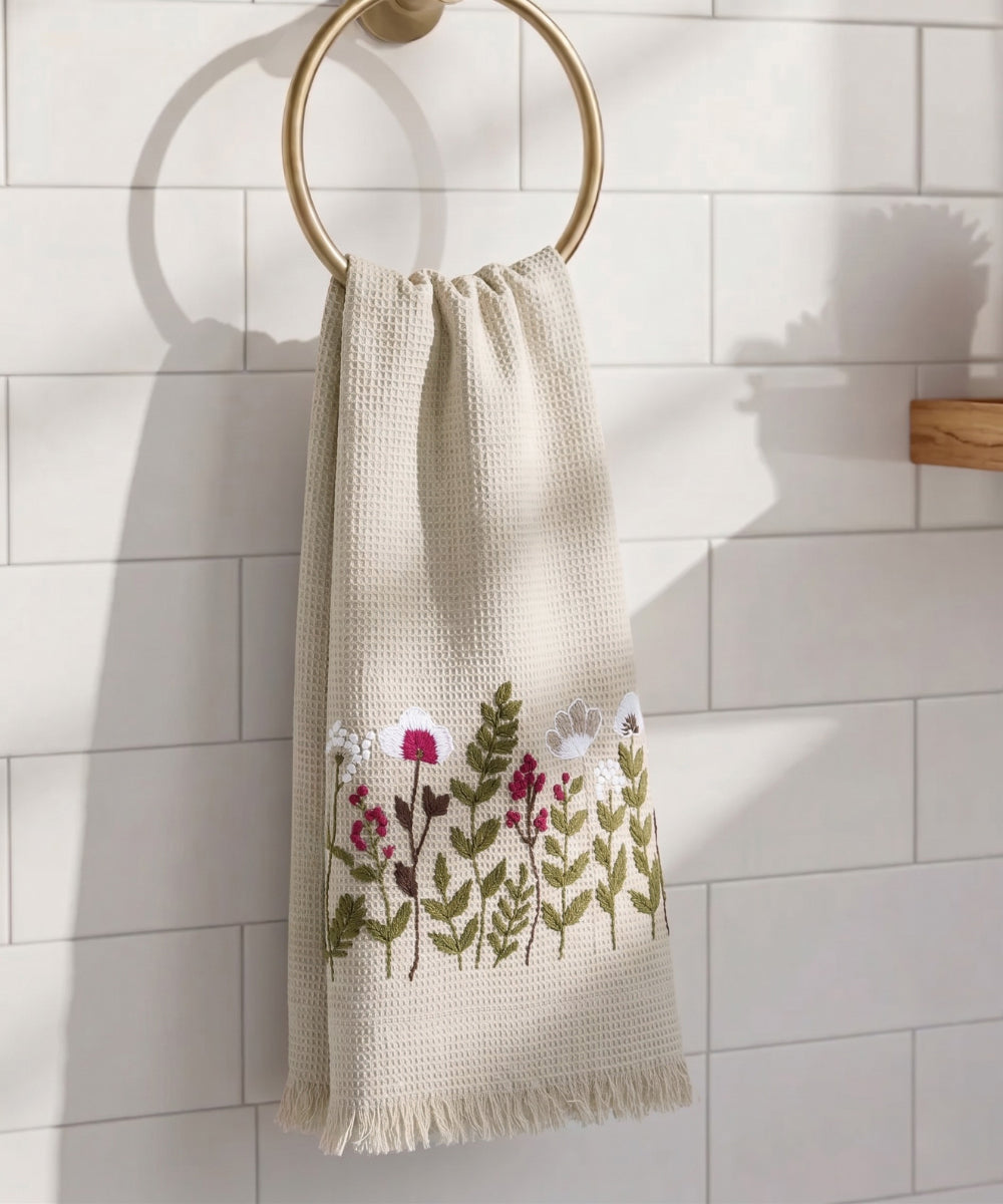 Embroidered Bath Towel | Soft Cotton Waffle | Beige