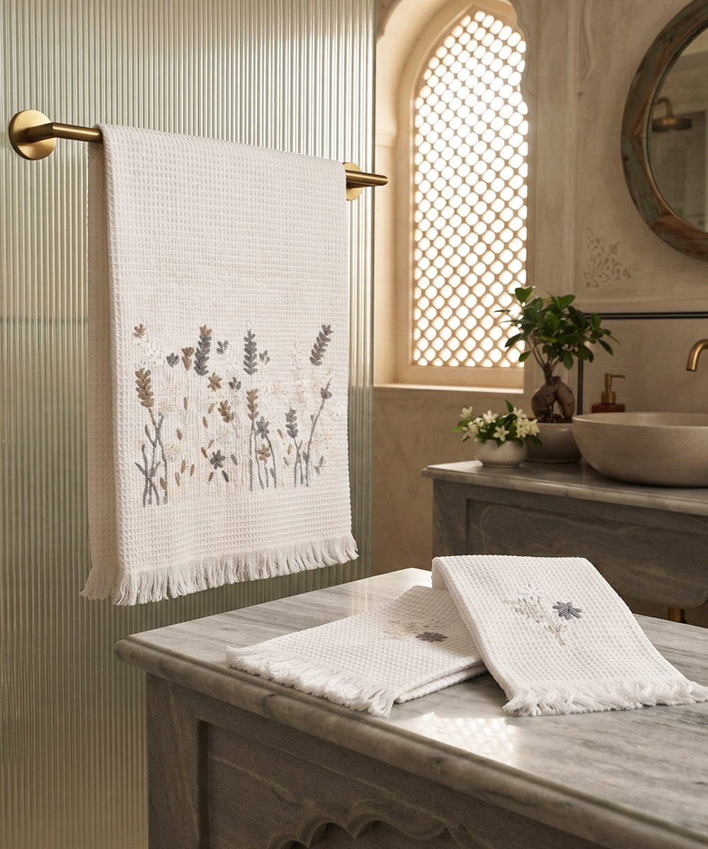 Embroidered 1 Pc Bath and 2 Pcs Hand Towel Set | Cotton Waffle Fabric | White