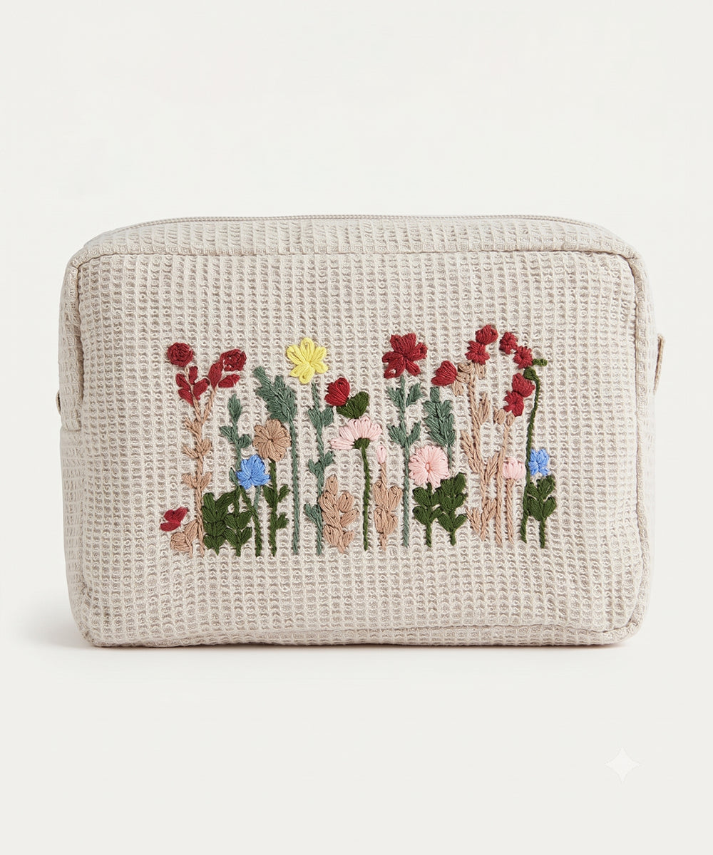 Beige Berry Bloom Hand Embroidered Cotton Waffle Pouch