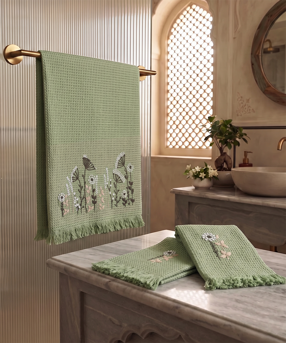 Embroidered Bath + 2 pcs Hand Towel Set | Cotton Waffle Sage Green
