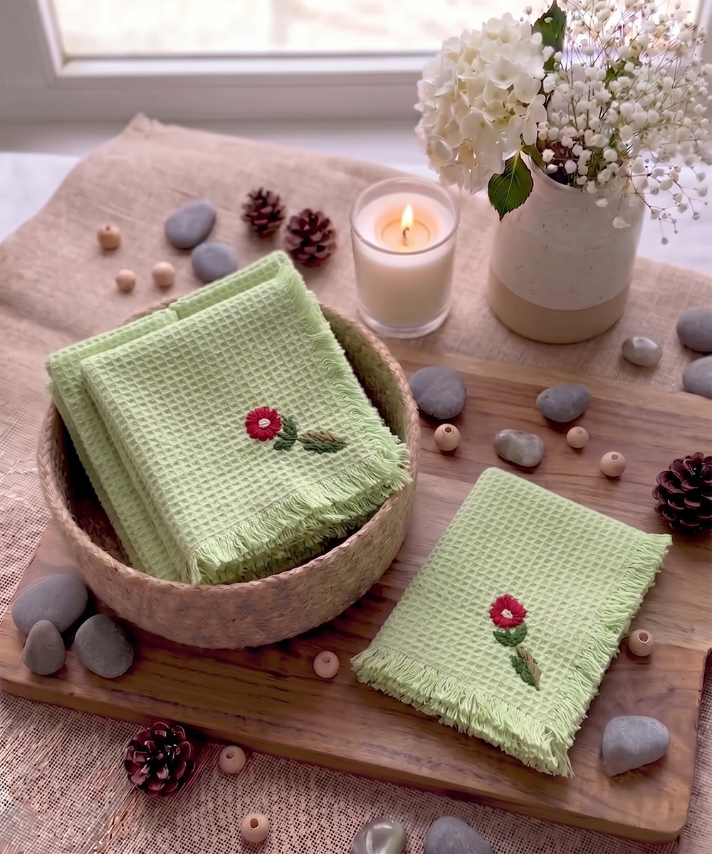 Embroidered Face Towel - Set of 4 pcs in Soft Cotton Waffle | Sage Green
