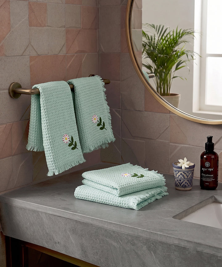 Embroidered Face Towel - Set of 4 pcs in Soft Cotton Waffle | Light Sage Green