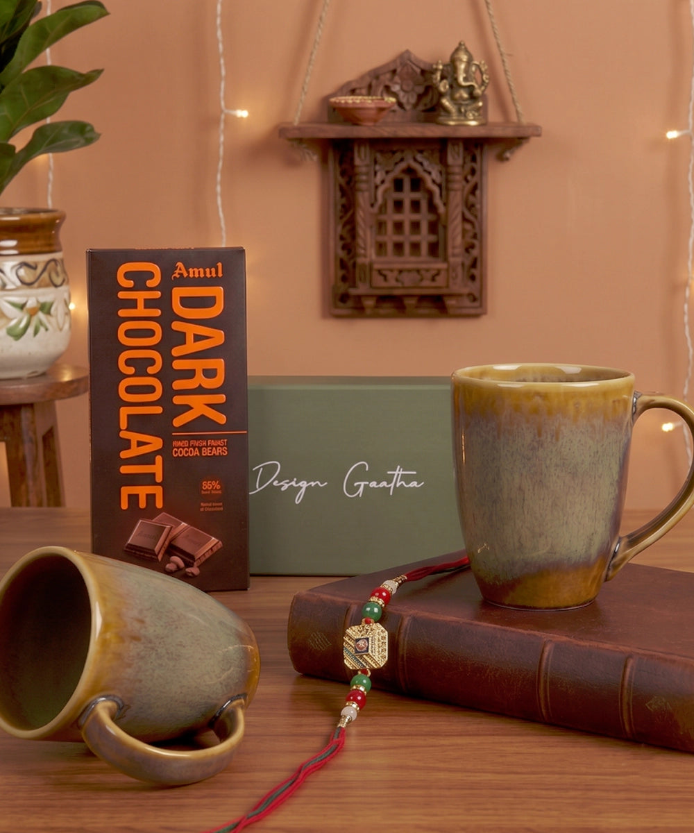 2 Pcs Glazed Shaded Brown Ceramic Coffee Mug Gift Set with Rakhi & Chocolate