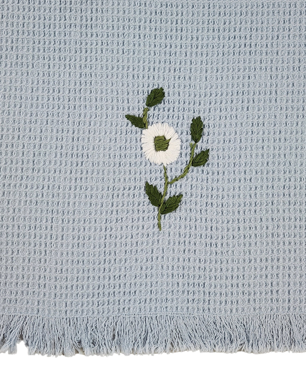 Embroidered Hand Towel - Set of 2 pcs in Soft Cotton Waffle | Light Blue