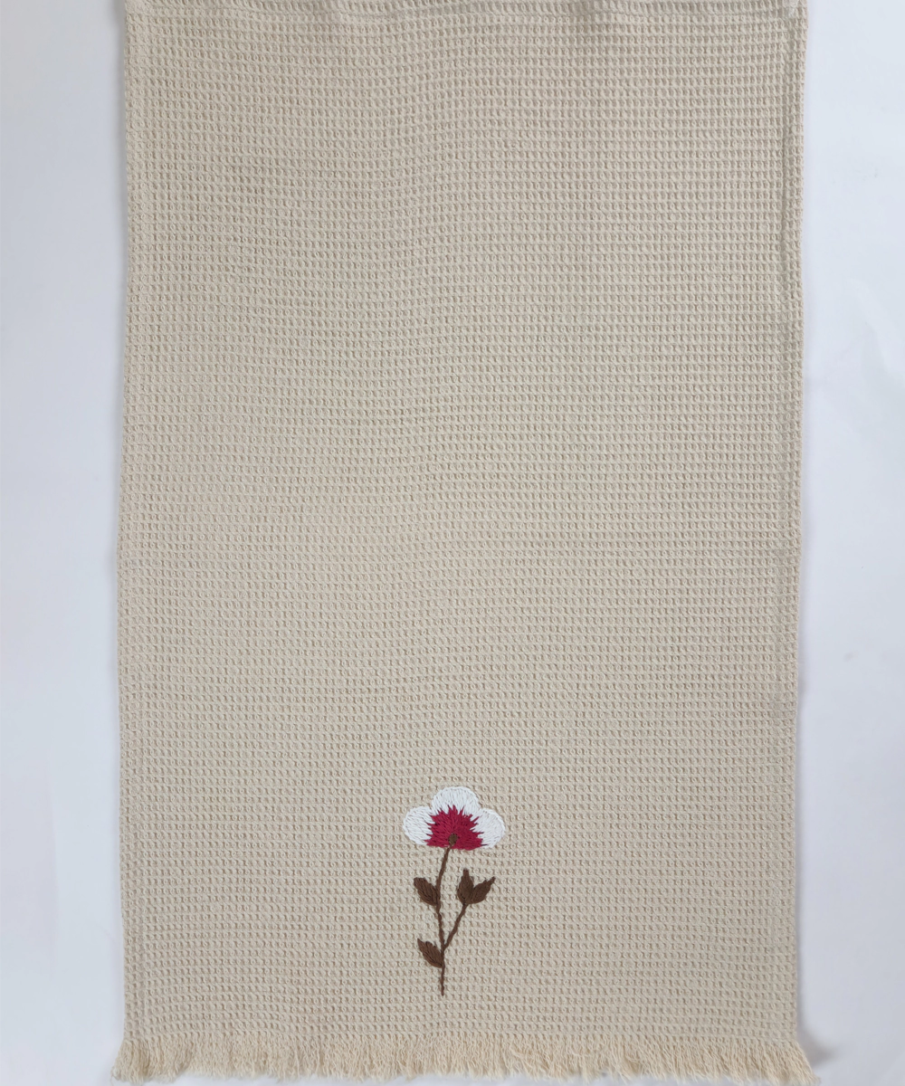 Embroidered Hand Towel - Set of 2 pcs in Soft Cotton Waffle | Beige