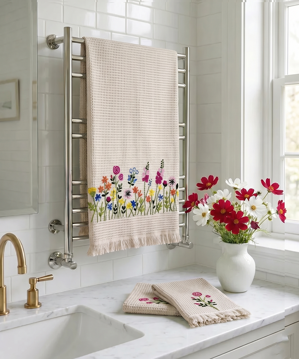 Embroidered 1 Pc Bath and 2 Pcs Hand Towel Set | Cotton Waffle Fabric | Beige Tulip