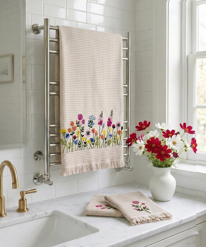 Embroidered 1 Pc Bath and 2 Pcs Hand Towel Set | Cotton Waffle Fabric | Beige Tulip
