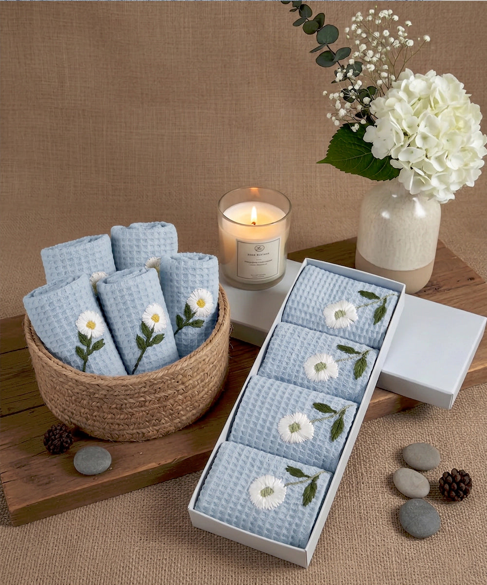 Embroidered Face Towel - Set of 4 pcs in Soft Cotton Waffle | Light Blue
