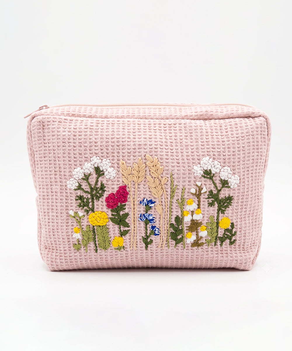 Dusty Pink Boho Bloom Hand Embroidered Cotton Waffle Pouch