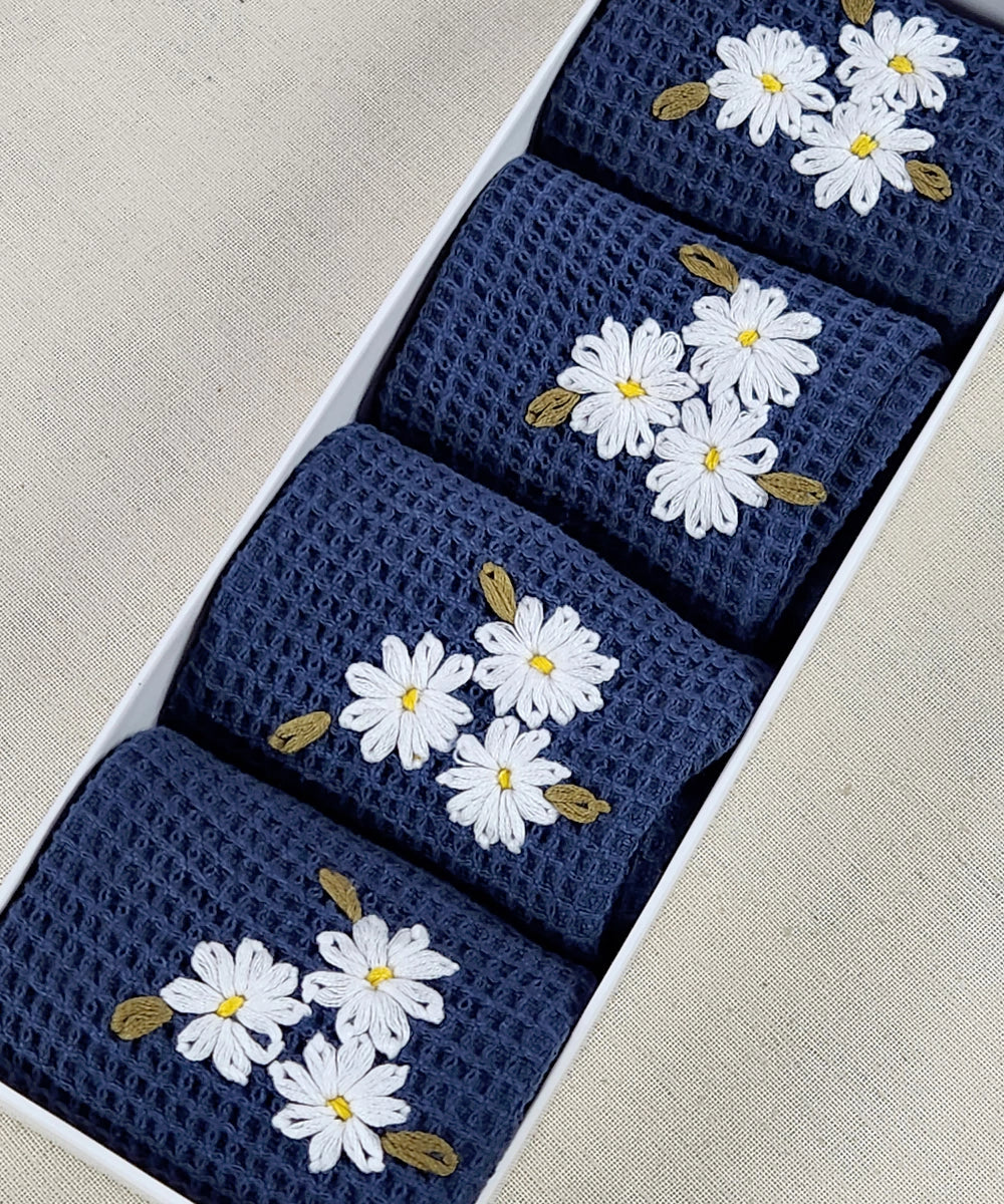 Embroidered Face Towel - Set of 4 pcs in Soft Cotton Waffle | Navy