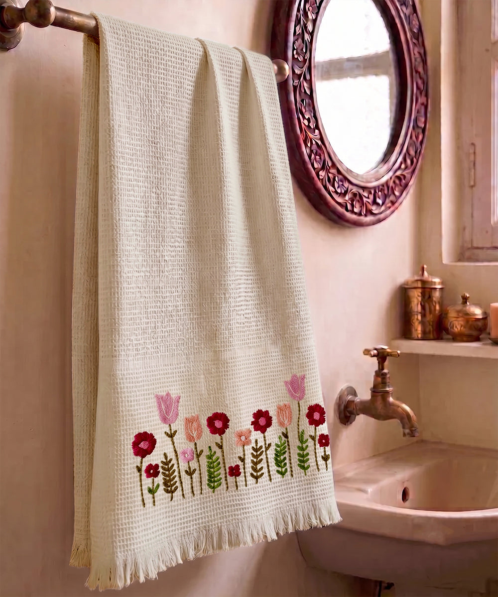 Embroidered Bath Towel | Soft Cotton Waffle | Beige