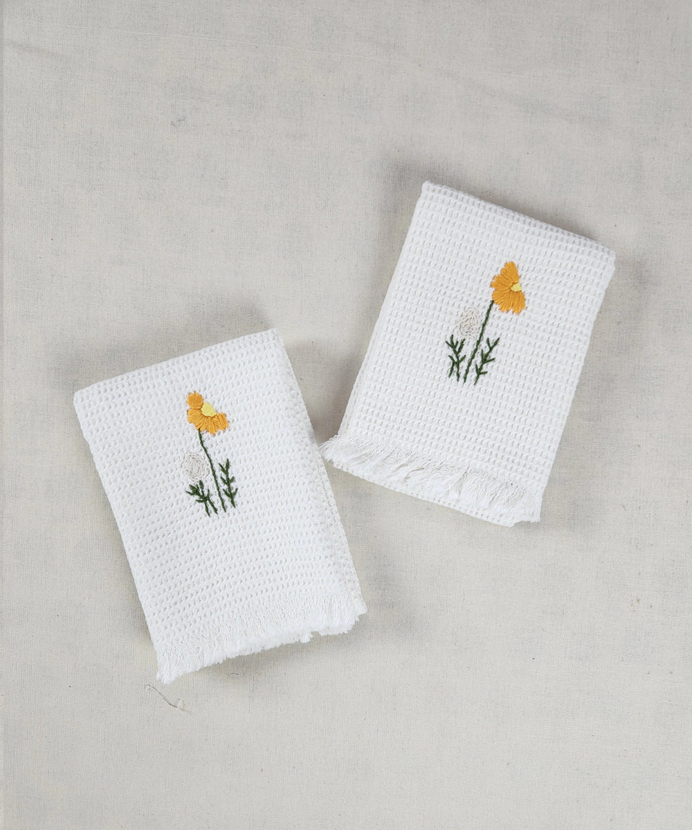Embroidered Hand Towel - Set of 2 pcs in Cotton Waffle | Saffron Spring Off White