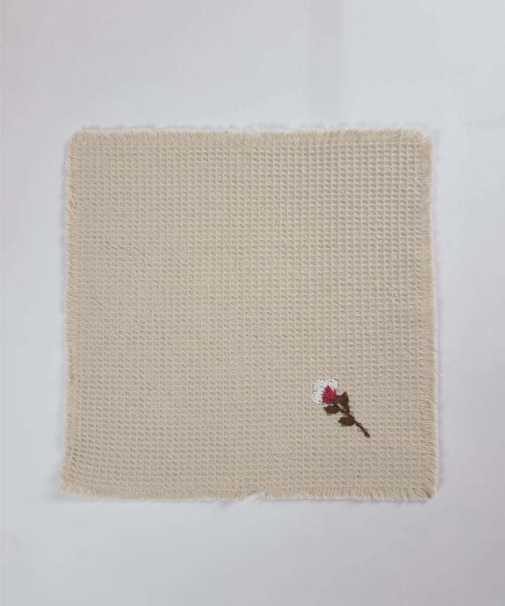 Embroidered 4 pcs Face and 2 pcs Hand Towel Set | Cotton Waffle | Beige