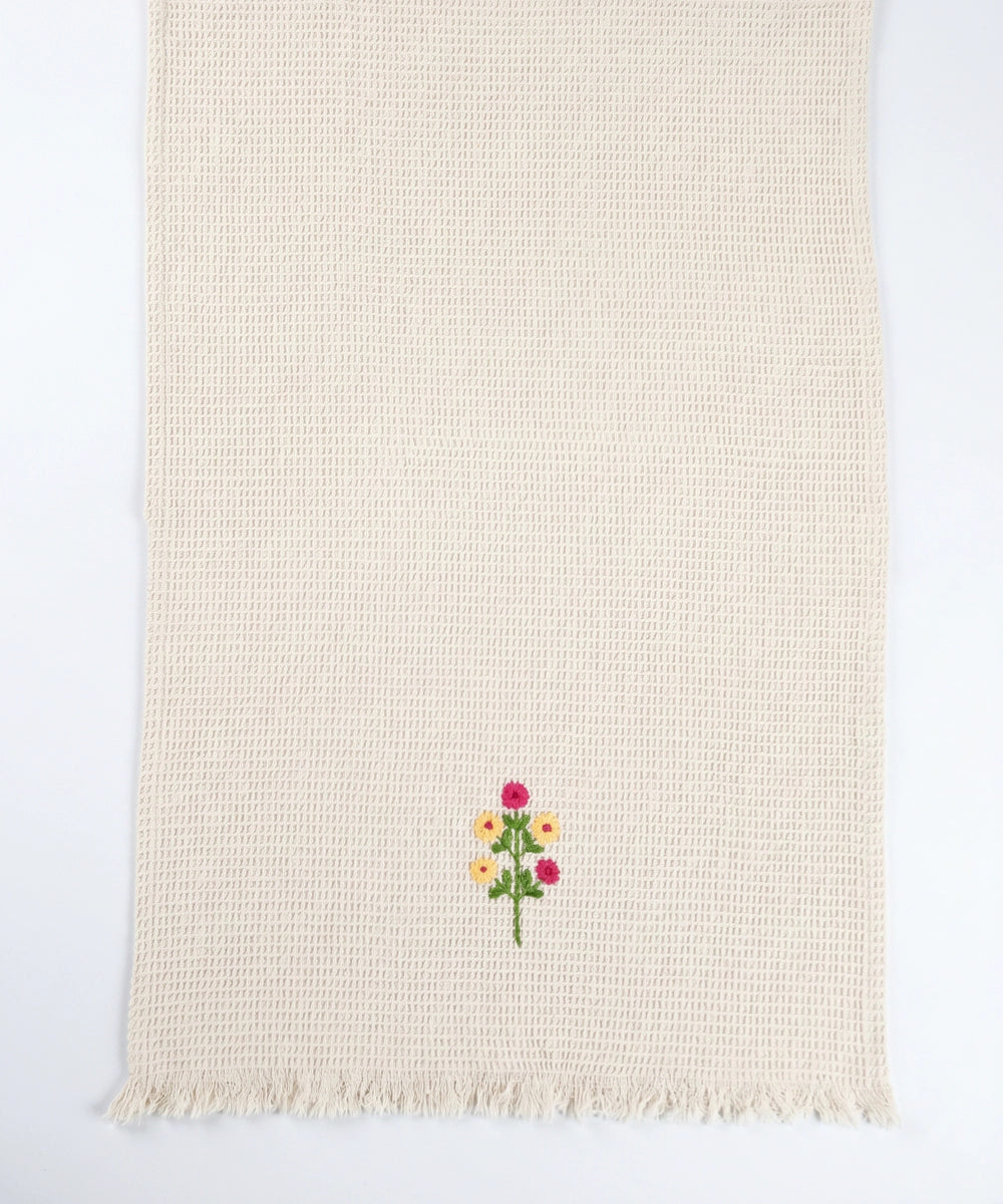 Embroidered Hand Towel - Set of 2 pcs in Soft Cotton Waffle | Beige