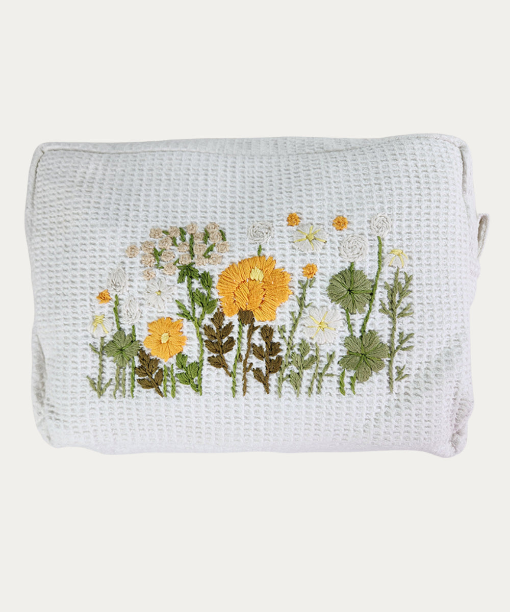 Off White Saffron Spring Hand Embroidered Cotton Waffle Pouch