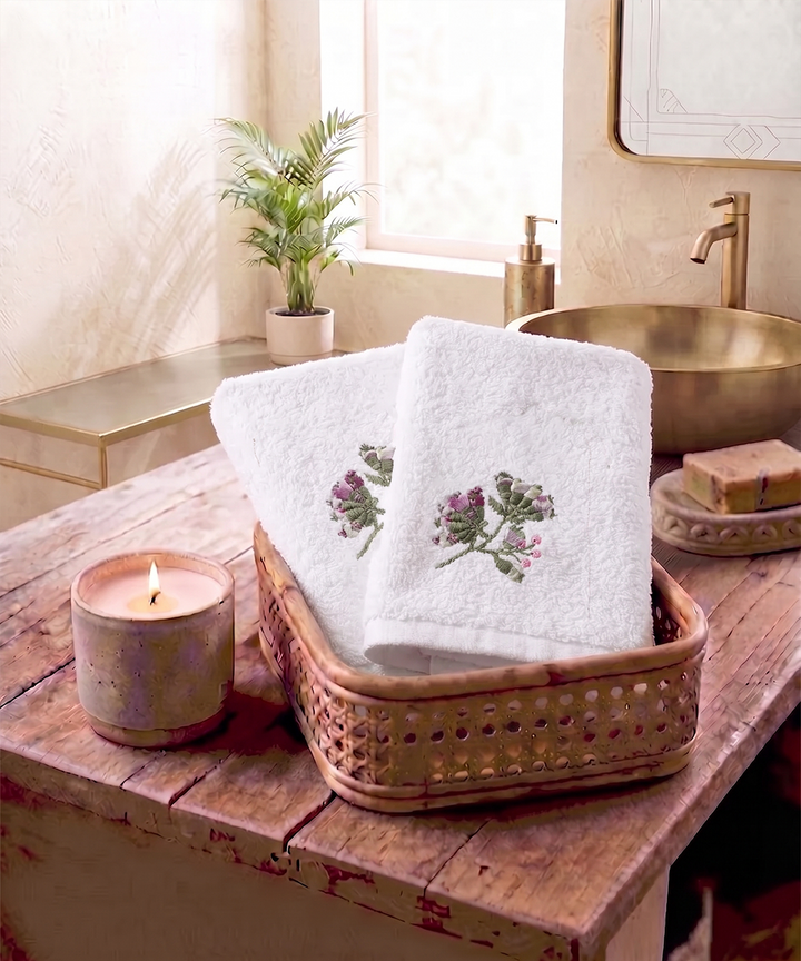 Set of 2 pcs Cotton Terry Embroidered Hand Towel | White