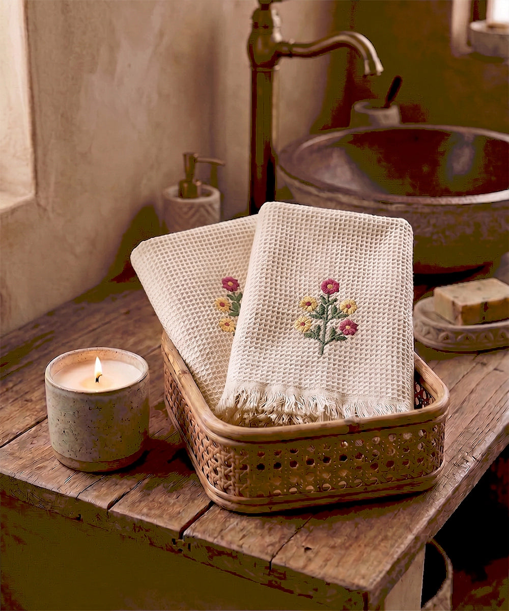 Embroidered Hand Towel - Set of 2 pcs in Soft Cotton Waffle | Beige