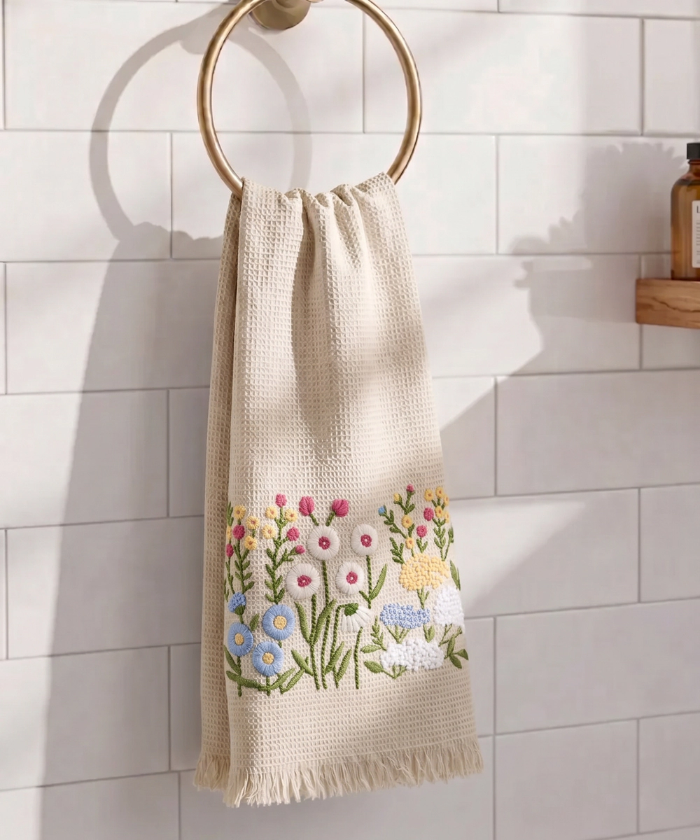 Embroidered Bath Towel | Soft Cotton Waffle | Beige
