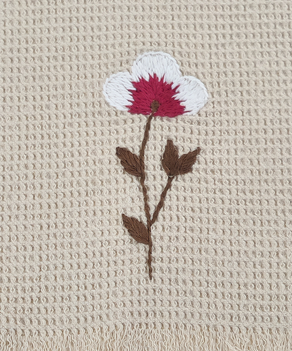 Embroidered Hand Towel - Set of 2 pcs in Soft Cotton Waffle | Beige