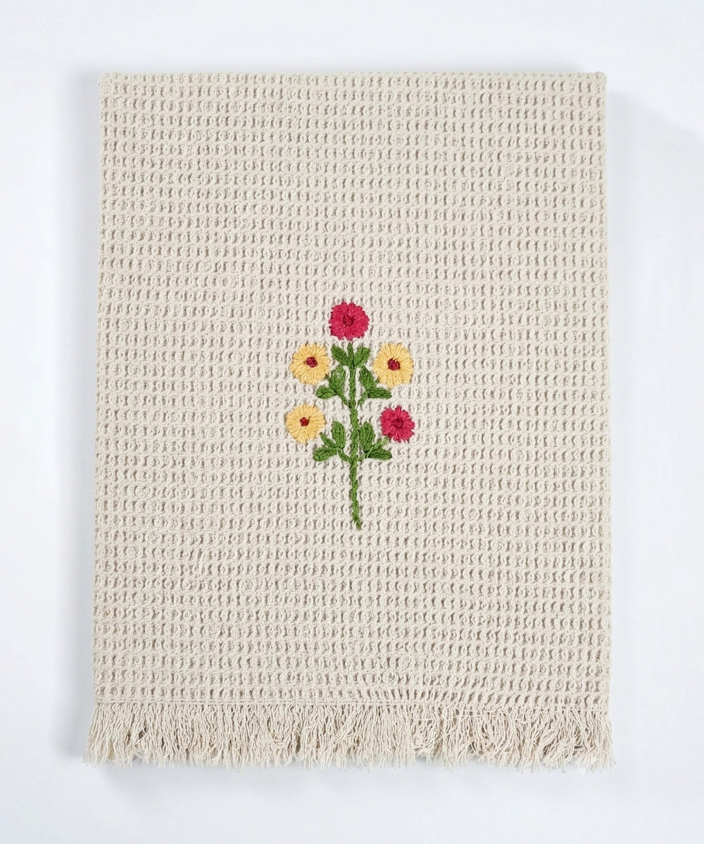 Embroidered Hand Towel - Set of 2 pcs in Soft Cotton Waffle | Beige