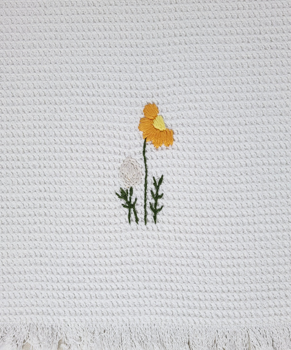Embroidered Hand Towel - Set of 2 pcs in Cotton Waffle | Saffron Spring Off White
