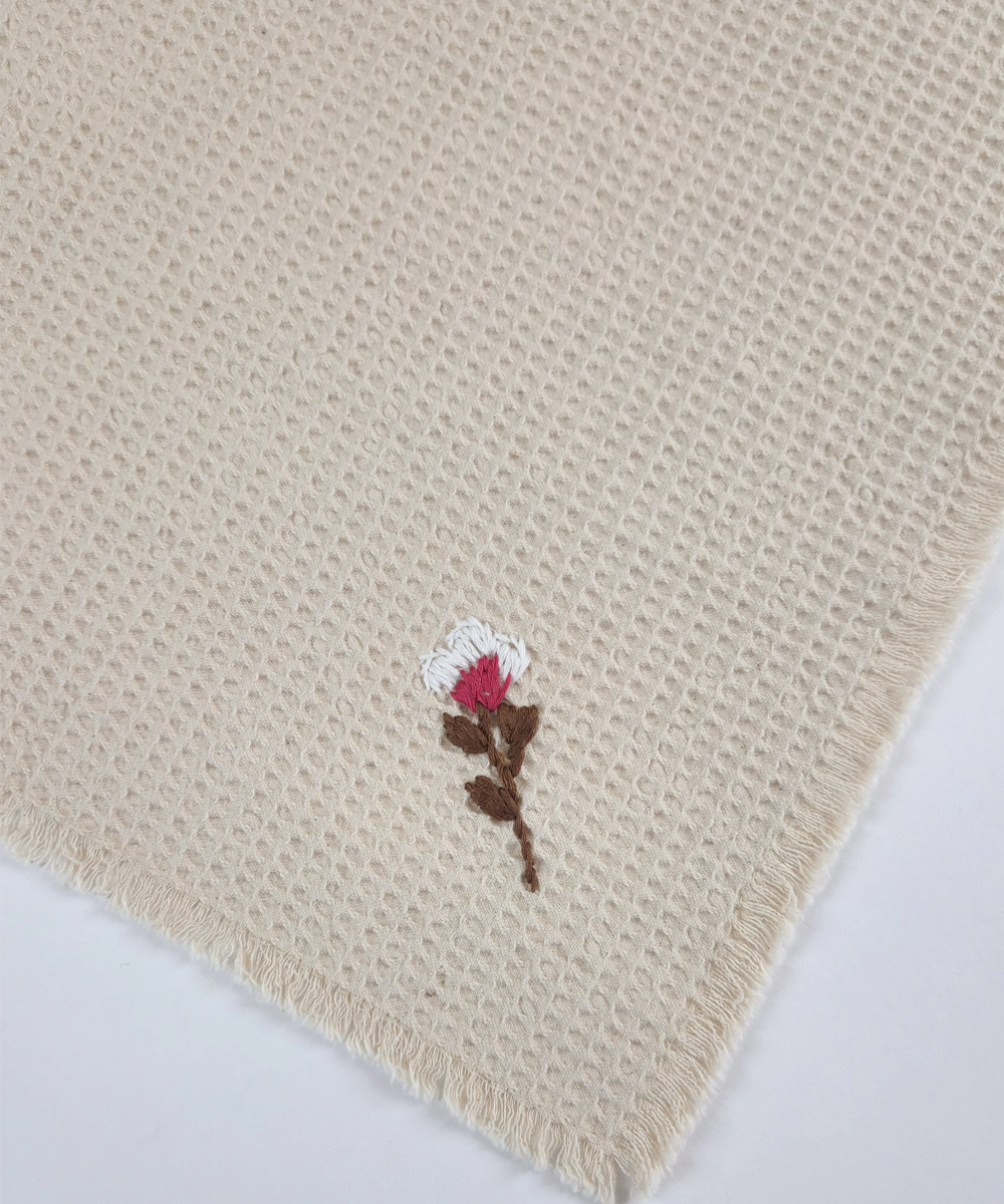 Embroidered Face Towel - Set of 4 pcs in Soft Cotton Waffle | Beige